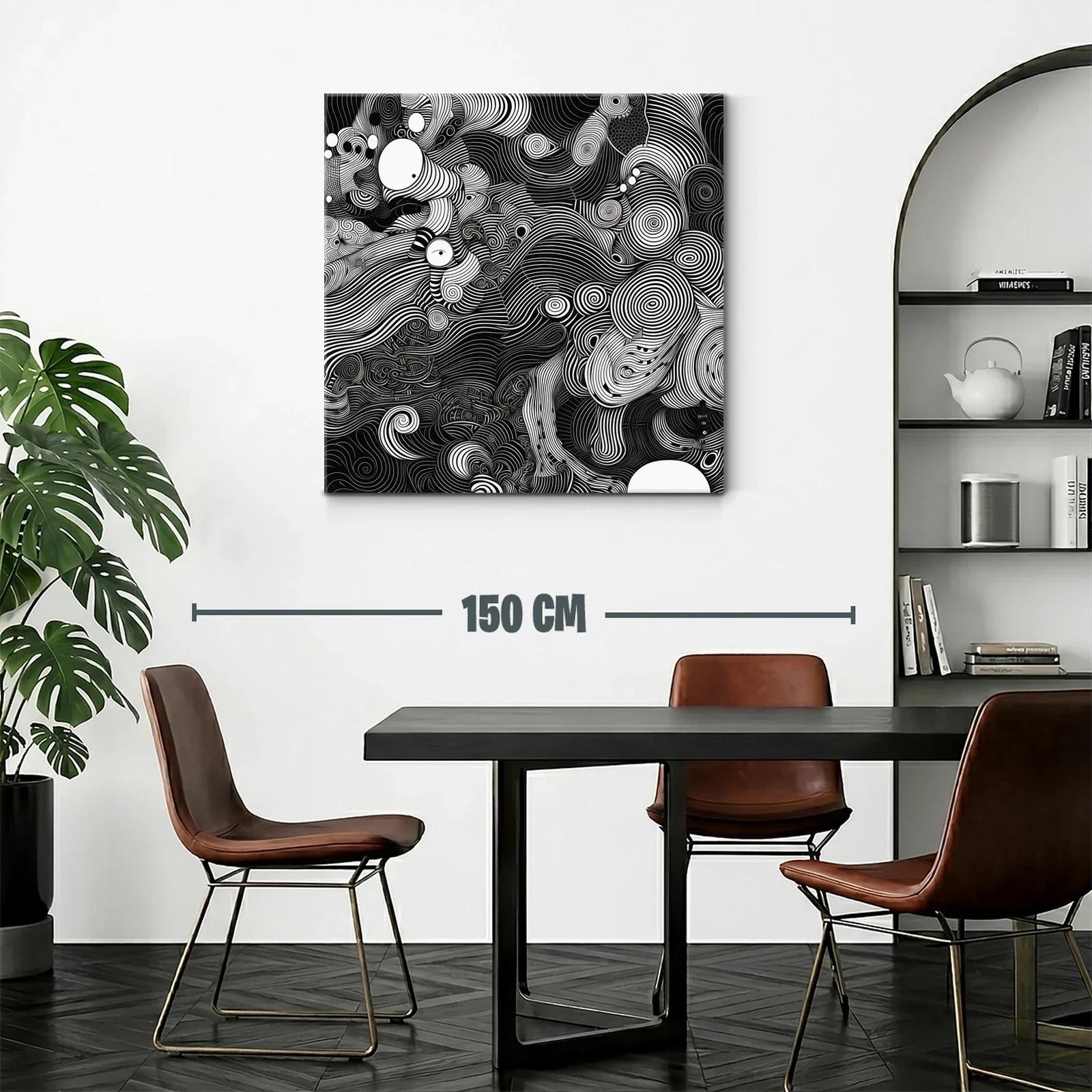 Cuadro abstracto en blanco y negro con líneas onduladas y espirales — miniatura 2