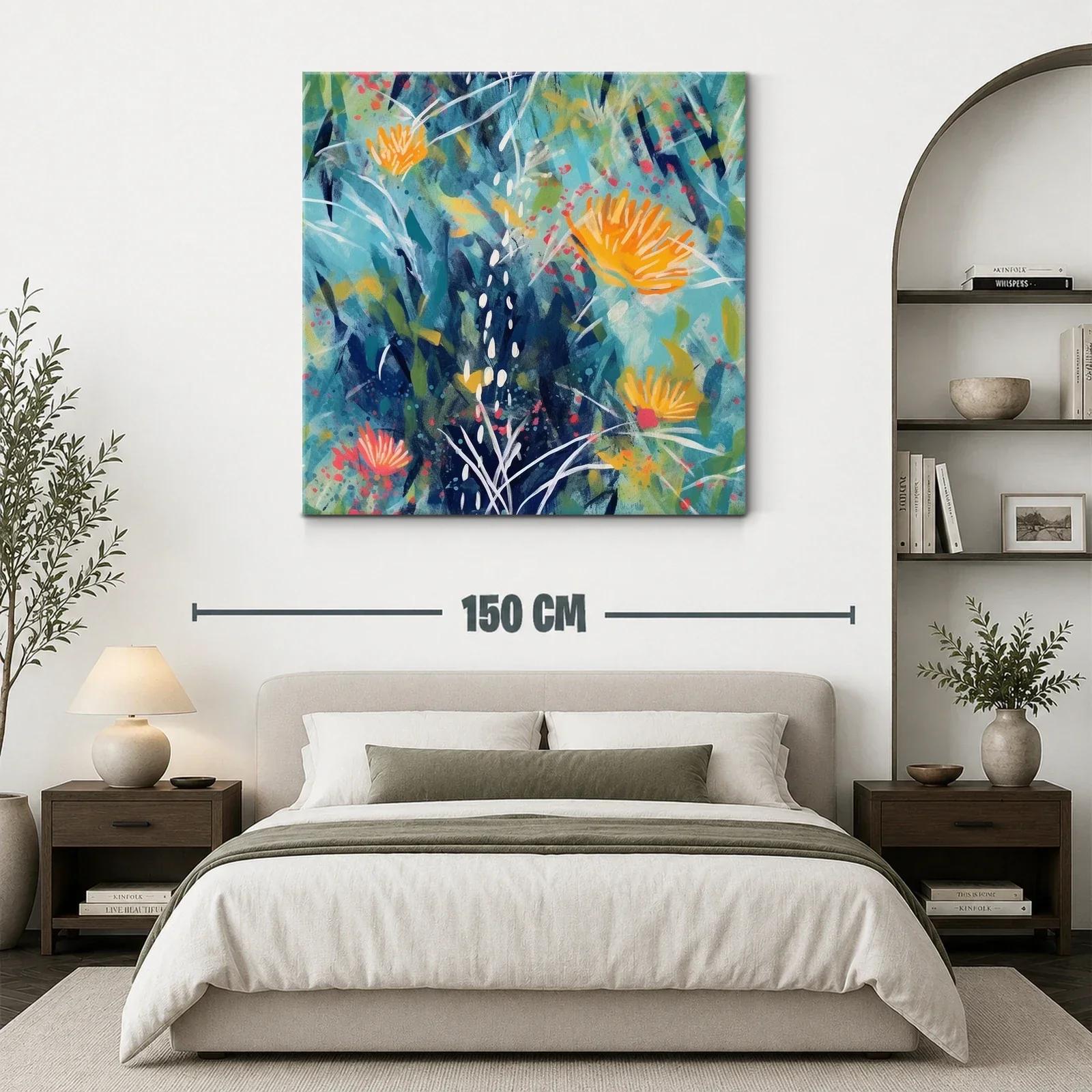 Cuadro abstracto floral en tonos azules y naranjas vivos — miniatura 3