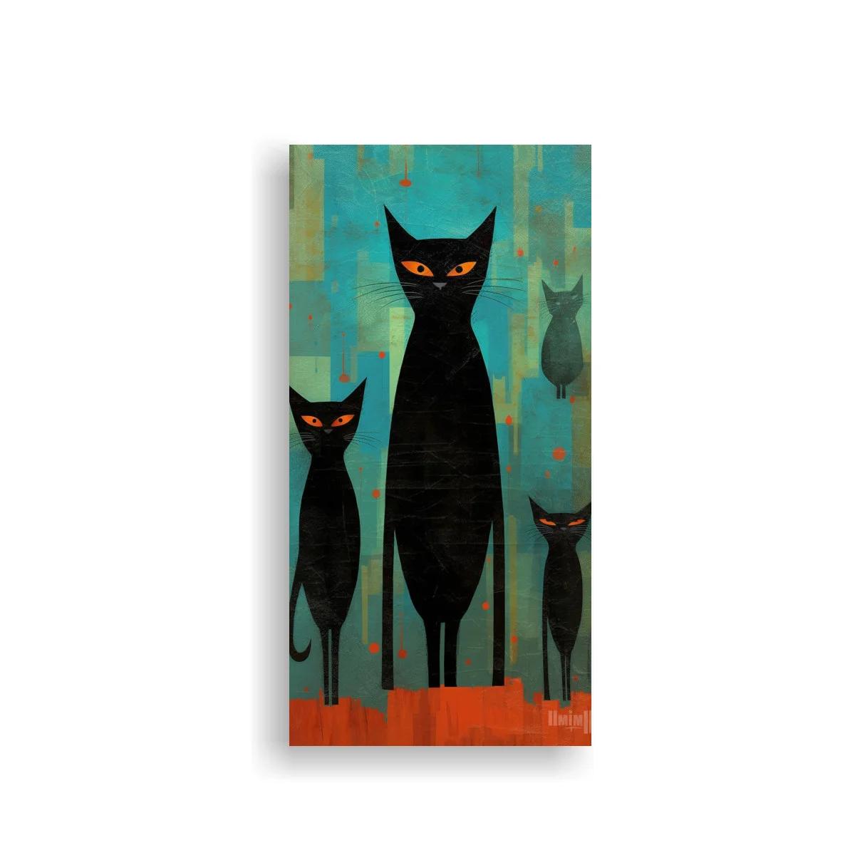 Cuadro gato negro alto con gatos pequeños y fondo turquesa