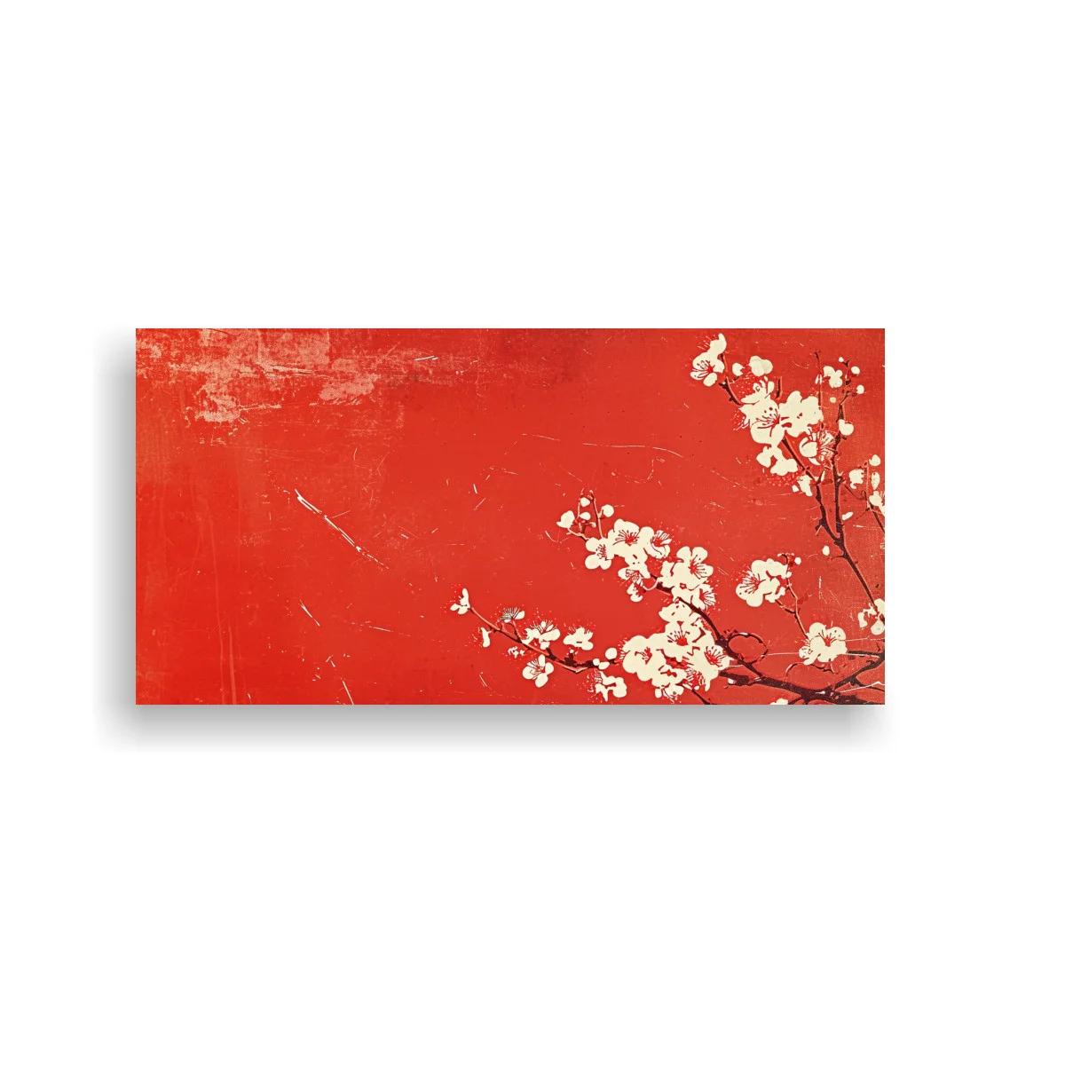 Cuadro rama de flores de cerezo sobre fondo rojo texturizado — imagen principal