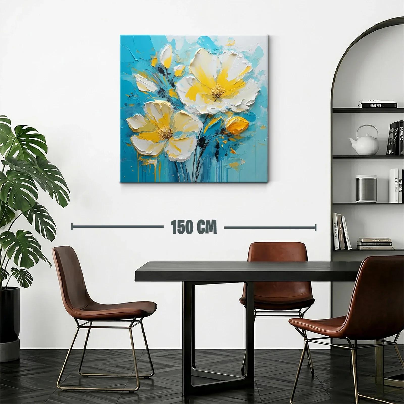 Cuadro floral en tonos amarillos y azul turquesa vibrante — miniatura 2