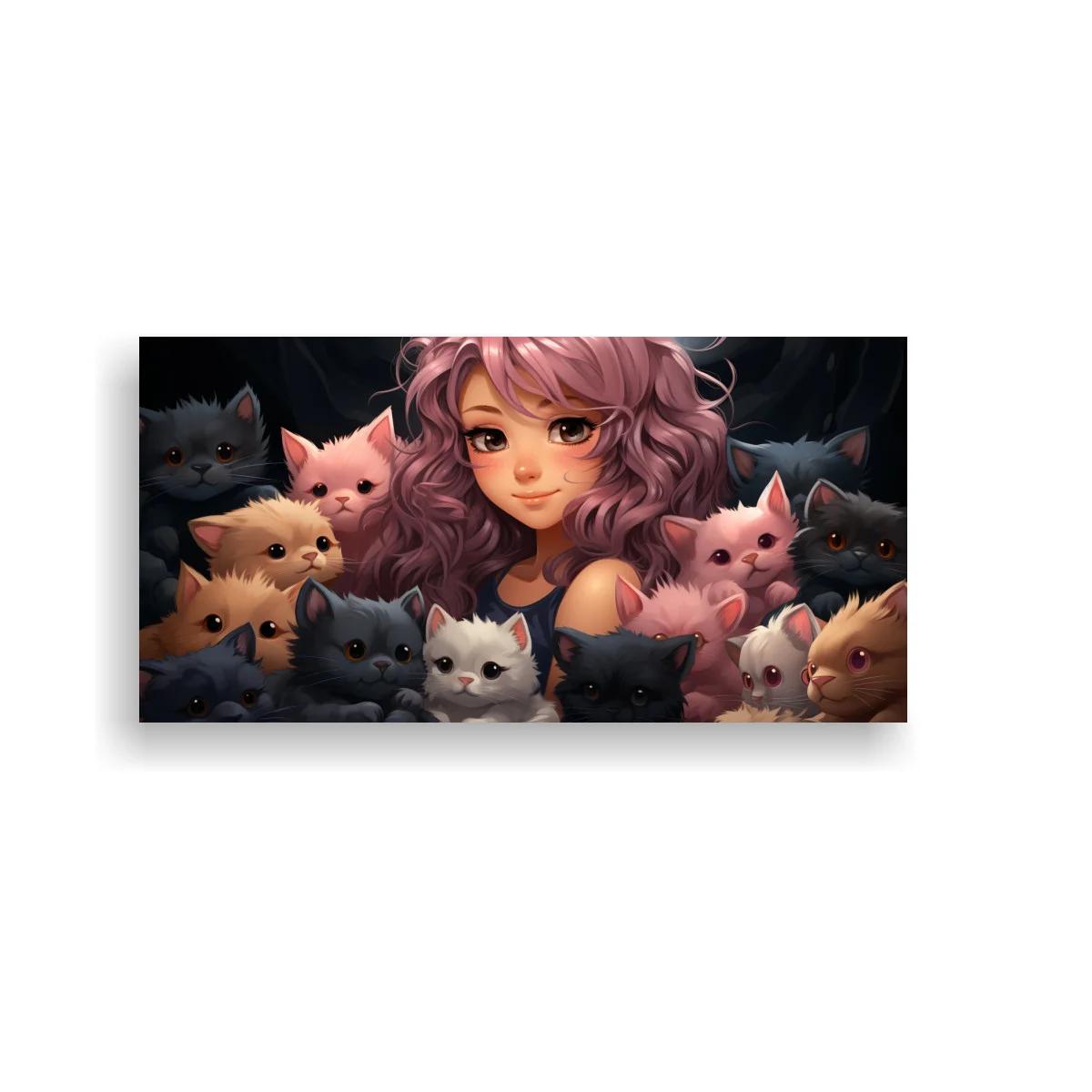 Cuadro chica de cabello rosado rodeada por numerosos gatos