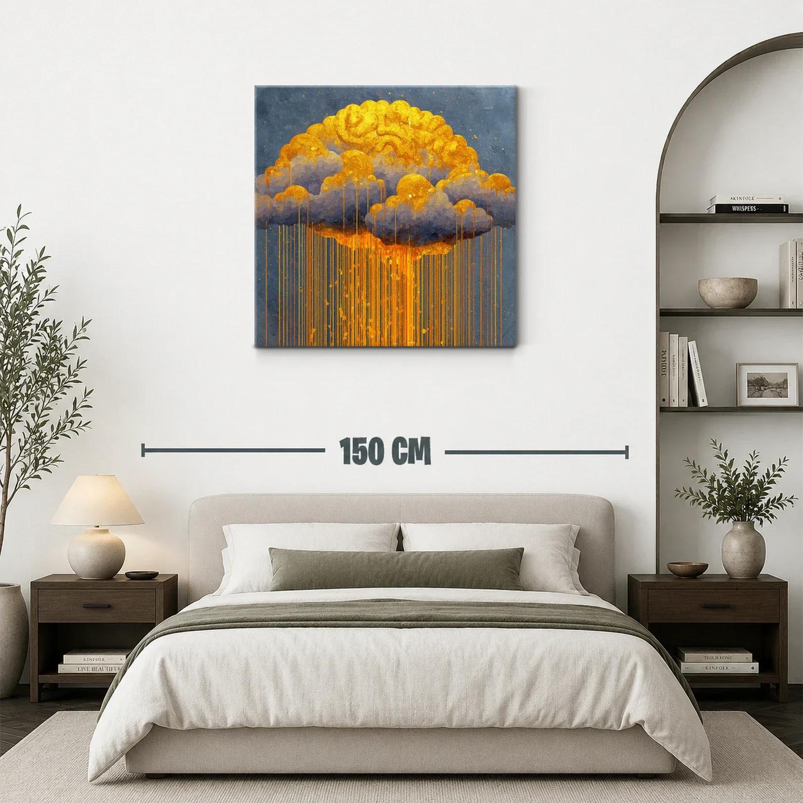 Cuadro abstracto con lluvia dorada sobre nubes grises — miniatura 3