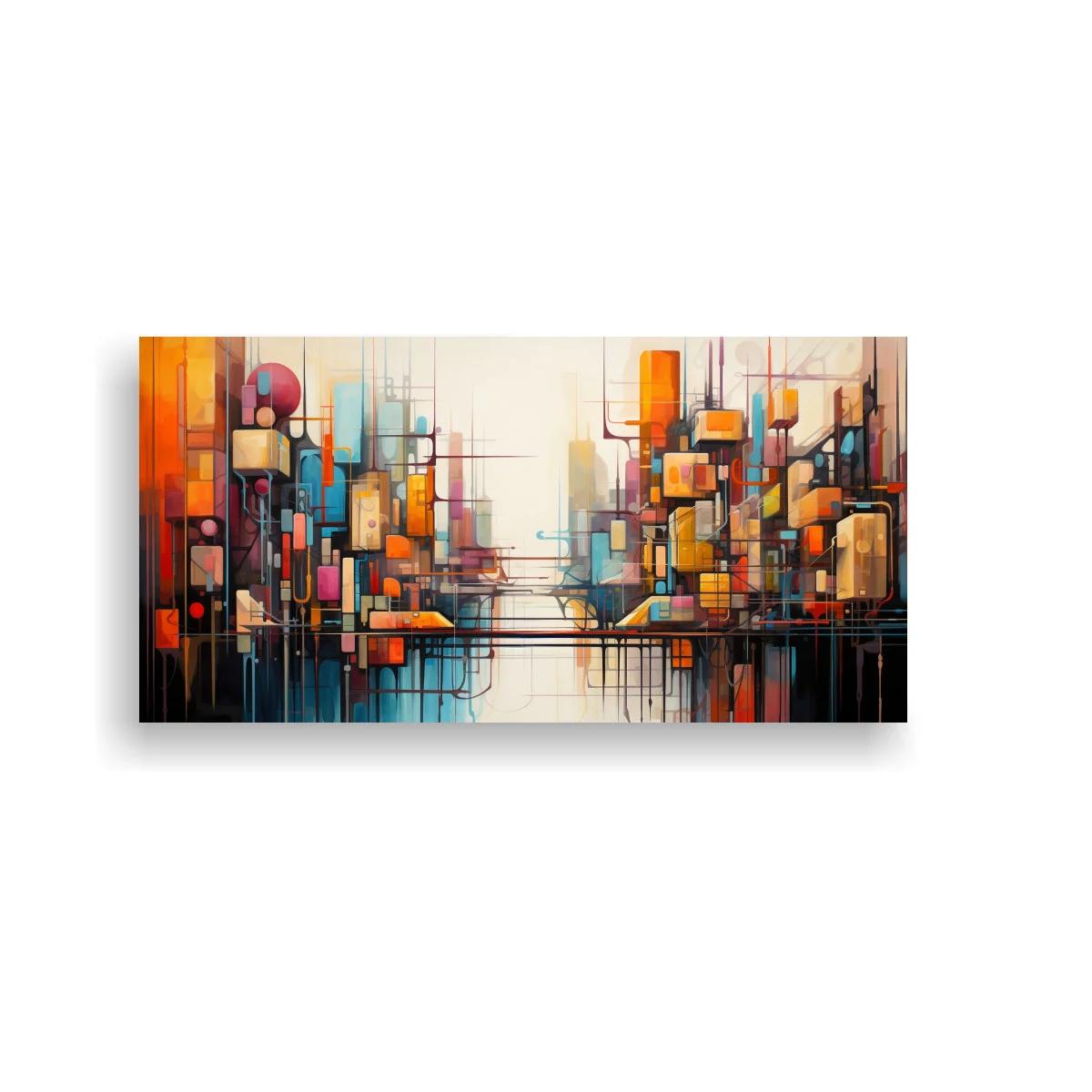 Cuadro ciudad abstracta con trazos lineales y bloques de color