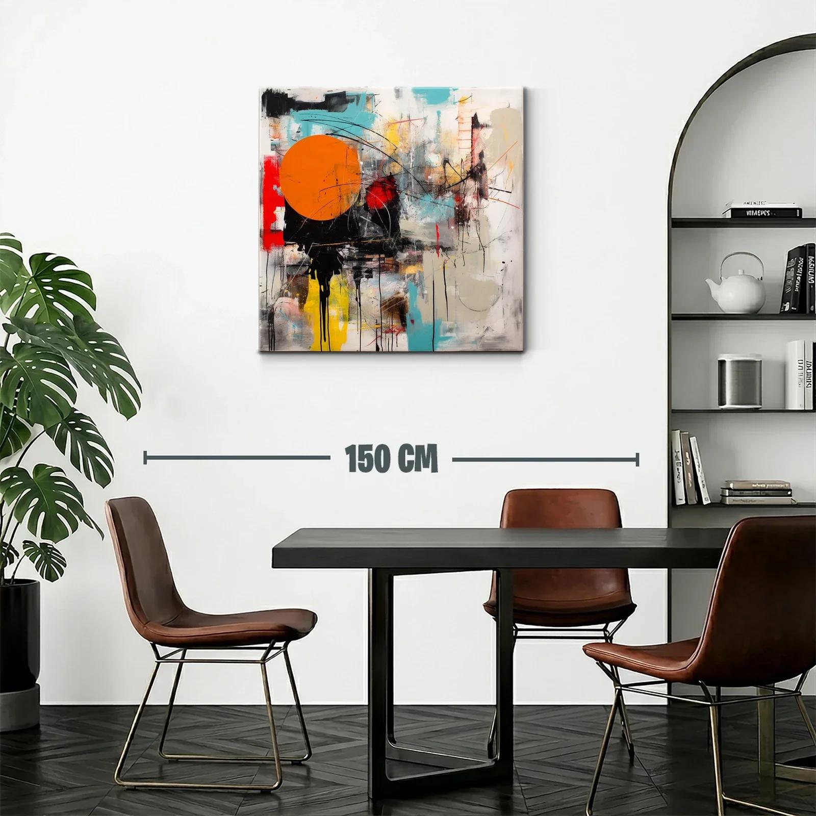 Cuadro abstracto con círculo naranja y trazos dinámicos — miniatura 2