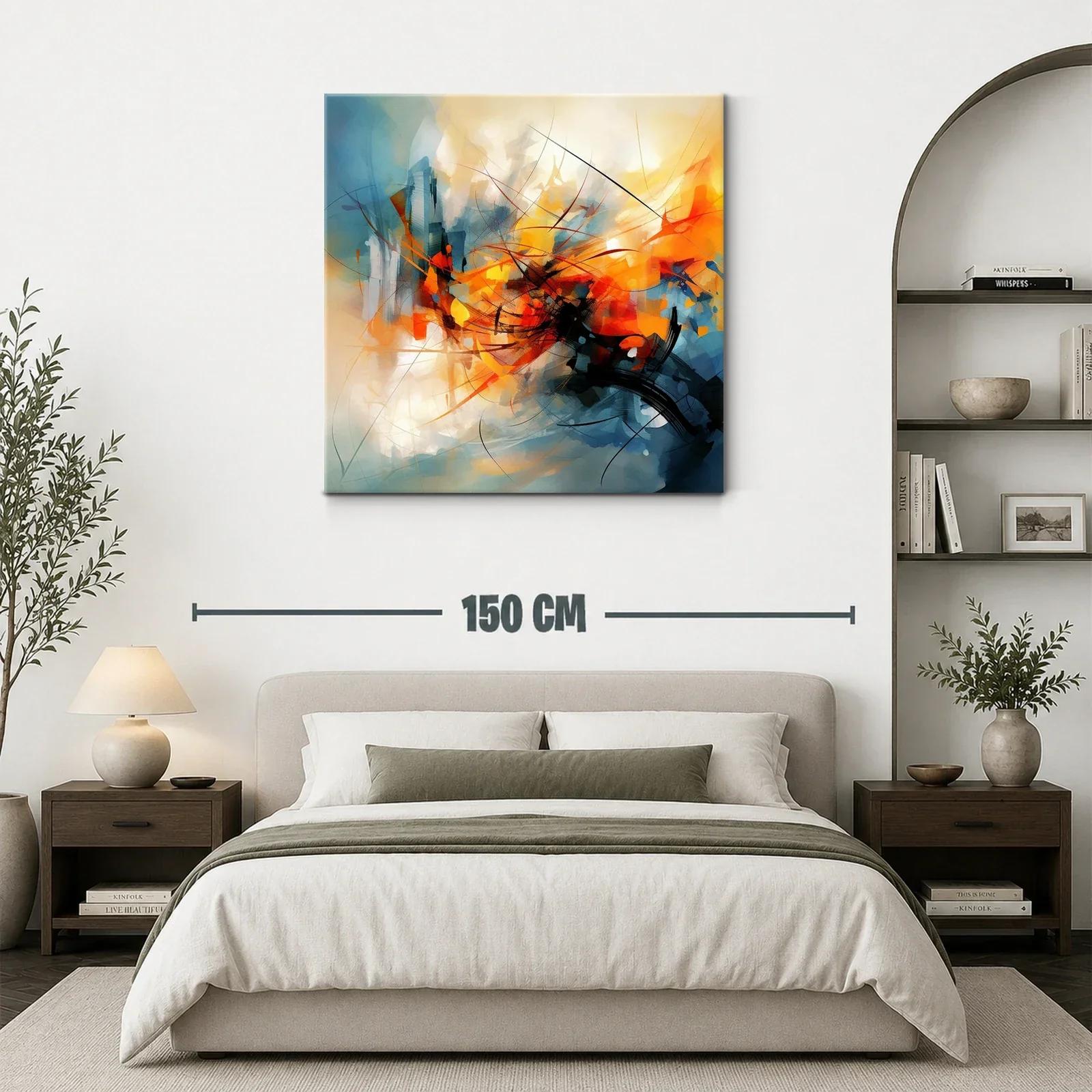Cuadro abstracto con vibrantes tonos anaranjados y azules dinámicos — miniatura 3