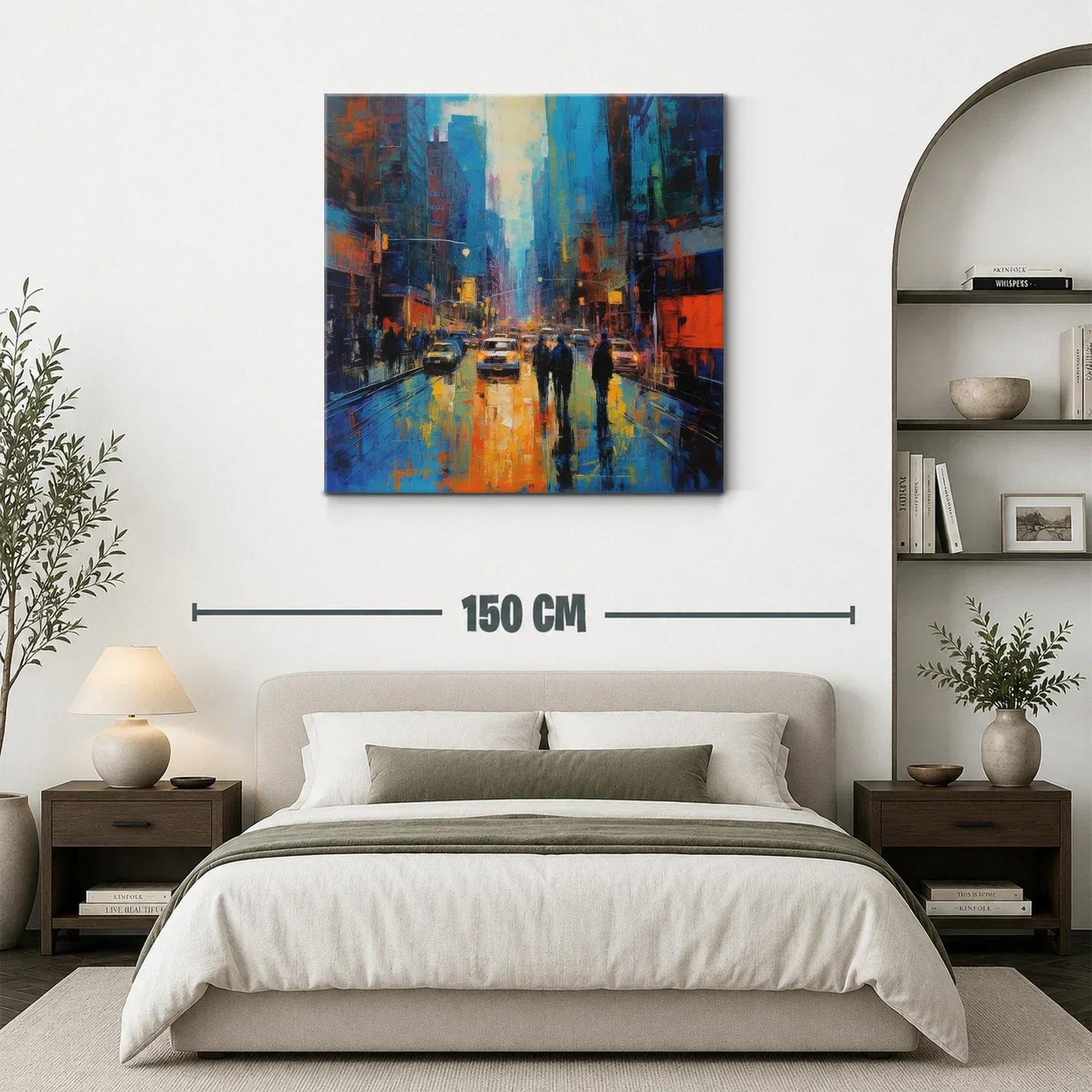 Cuadro urbano con reflejos vibrantes y siluetas en la noche — miniatura 3