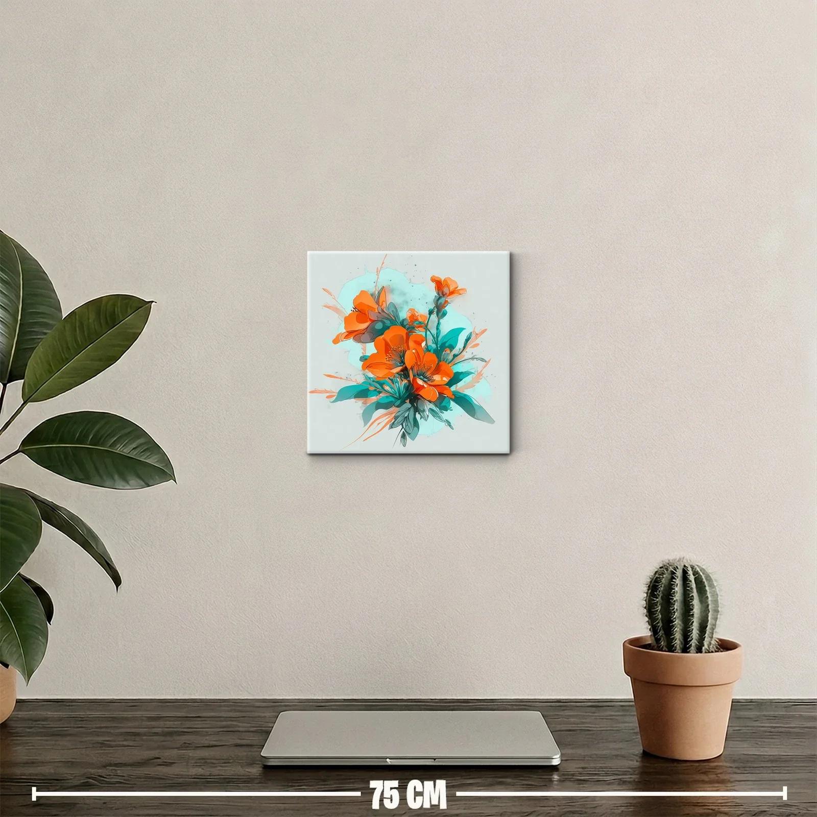 Cuadro floral con vibrante combinación de naranjas y turquesas — miniatura 2