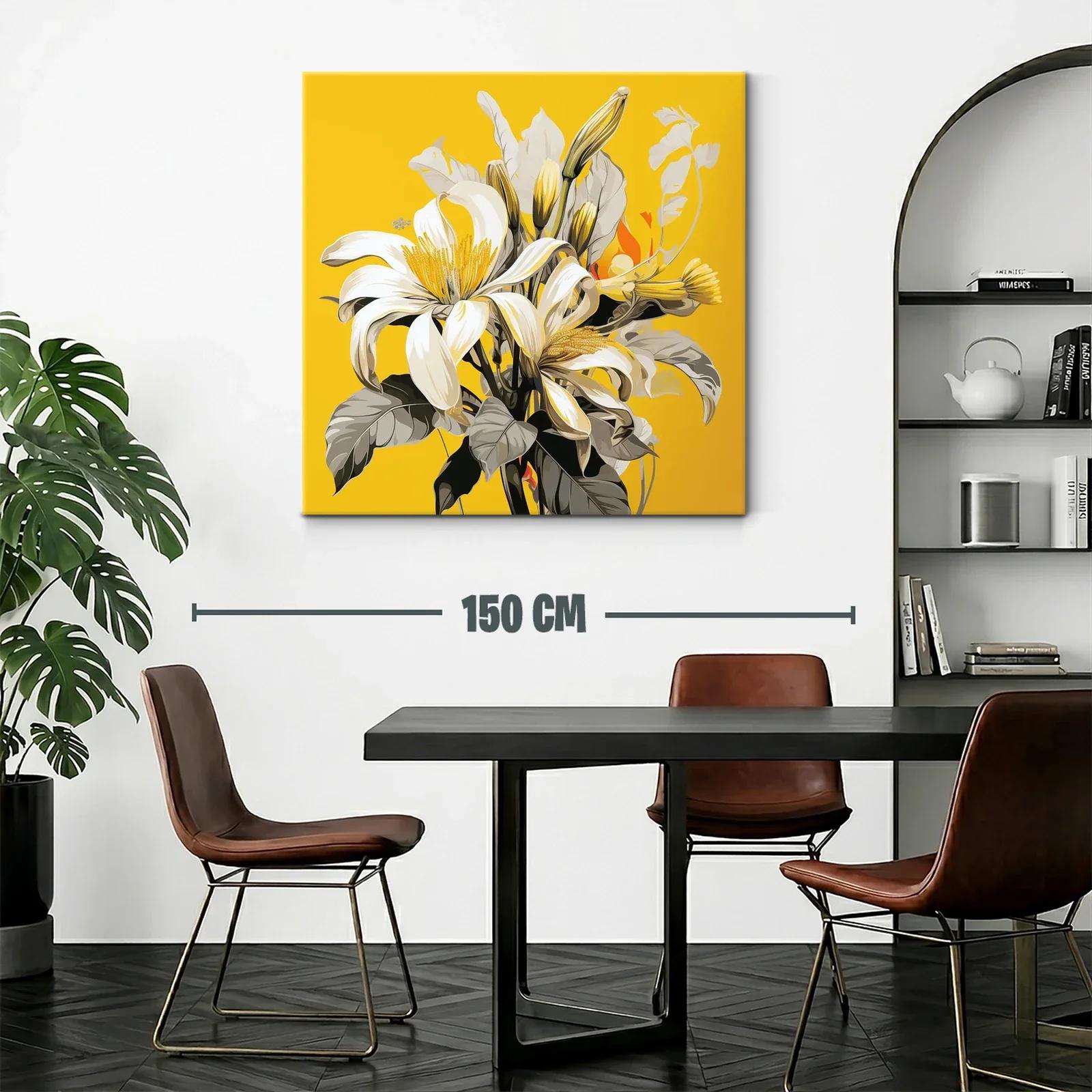 Cuadro floral con lirios blancos sobre fondo amarillo vibrante — miniatura 2