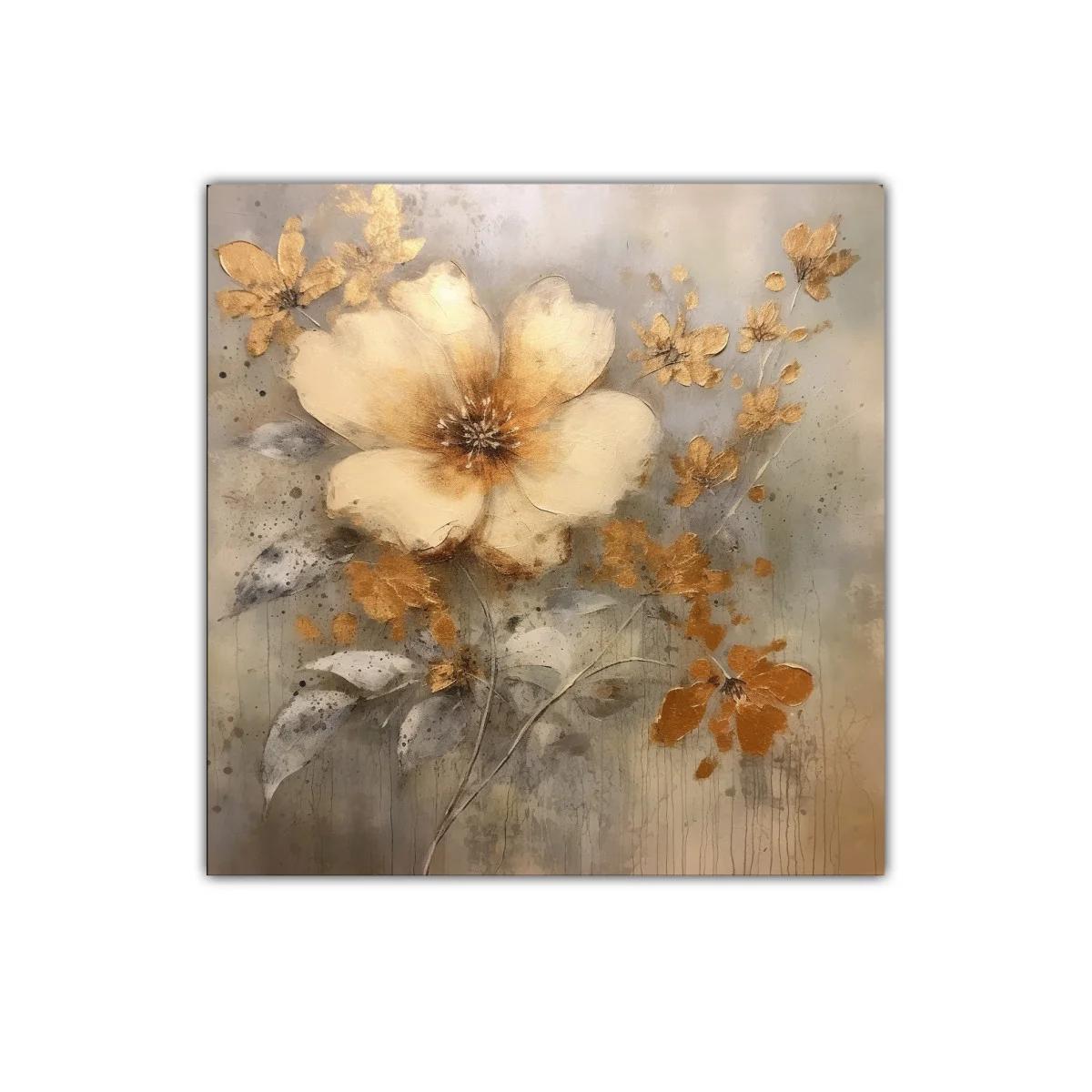 Cuadro decorativo flor dorada con hojas grises y tonos neutros