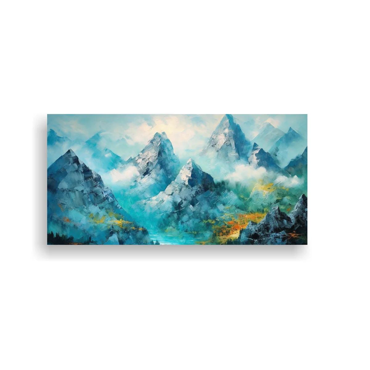 Cuadro cordillera de montañas con niebla y agua turquesa