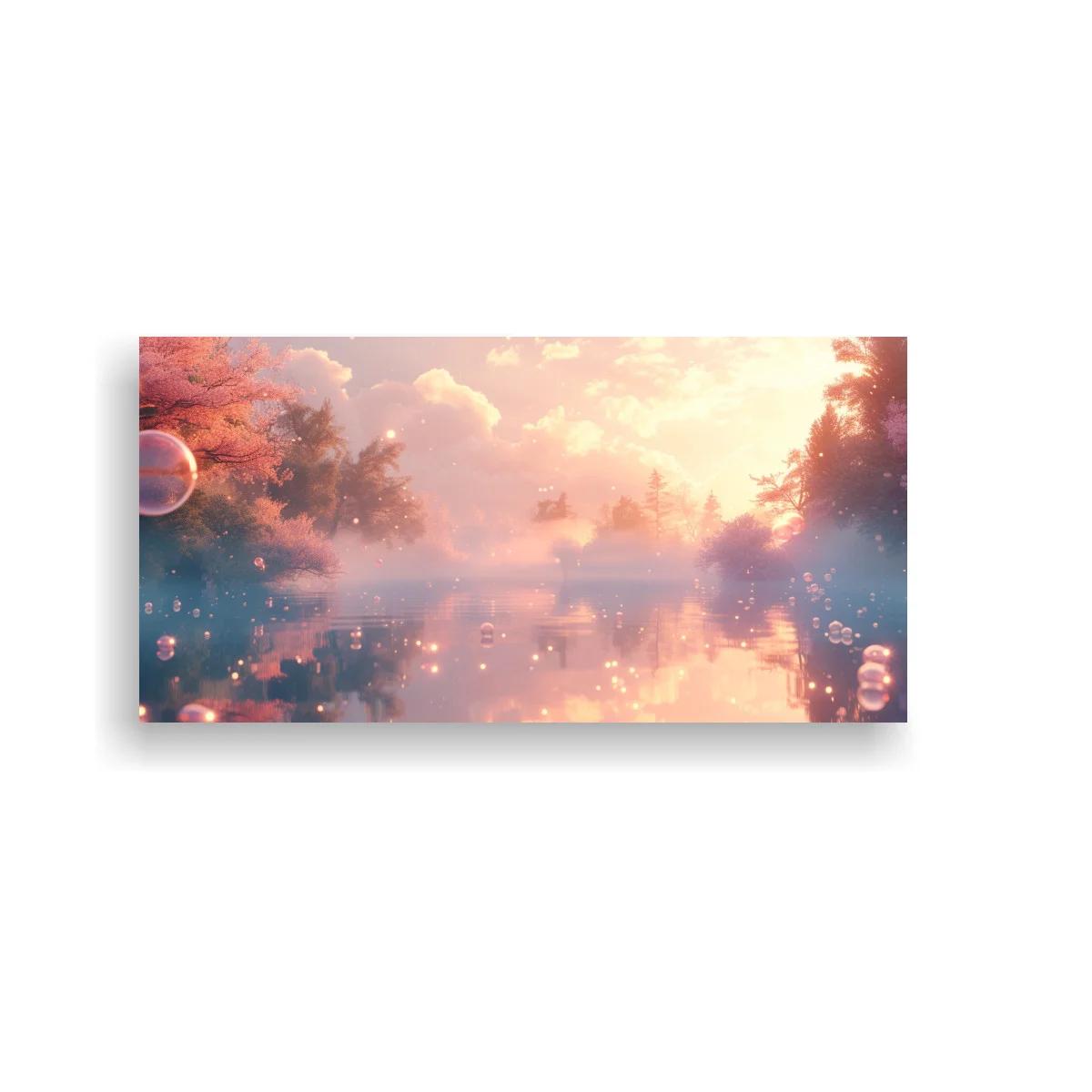 Cuadro lago con burbujas y flores rosadas