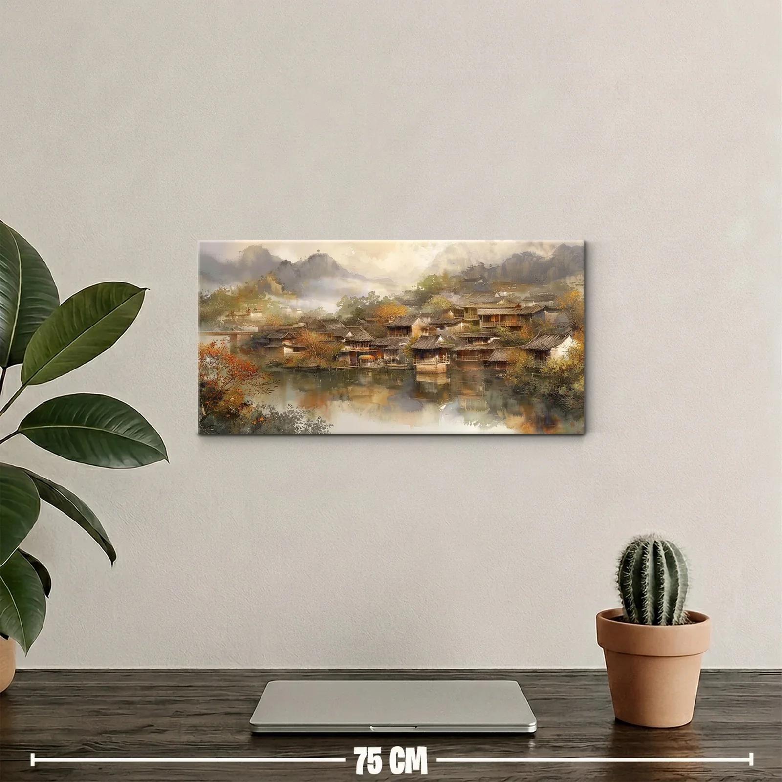 Cuadro pueblo asiático junto al lago con neblina — miniatura 2