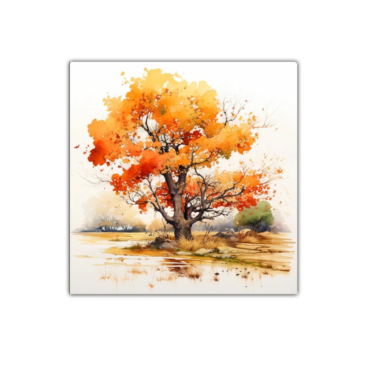 Árbol otoñal con tonos cálidos y paisaje sereno