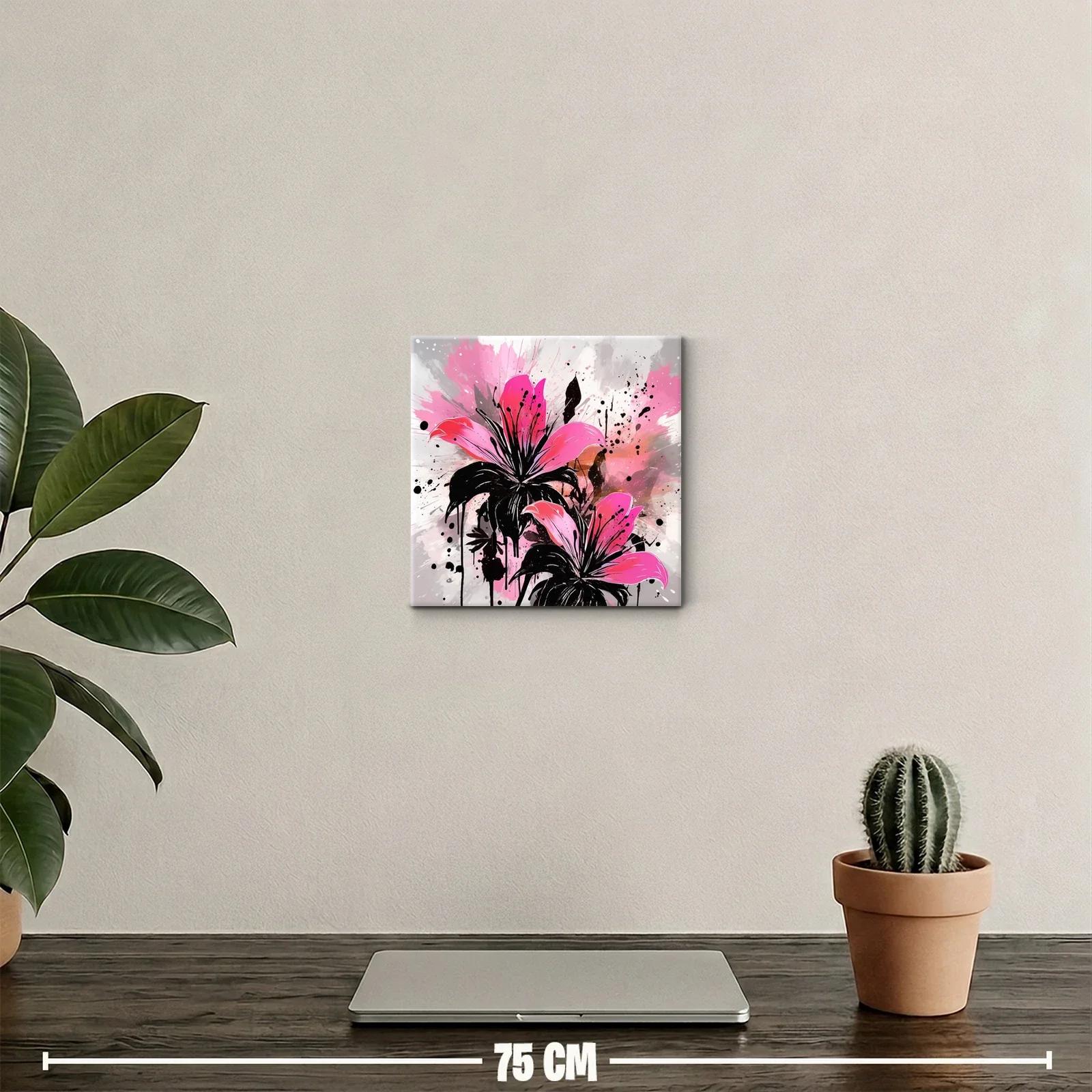 Cuadro decorativo flores vibrantes en tonos rosa y negro — miniatura 2