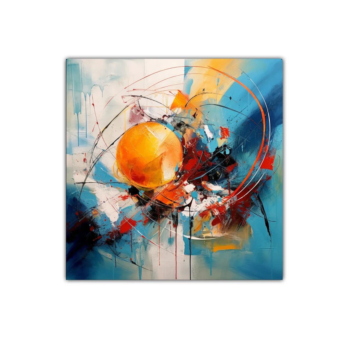 Cuadro Abstracto con Esferas y Dinámicas Líneas en Azul y Naranja