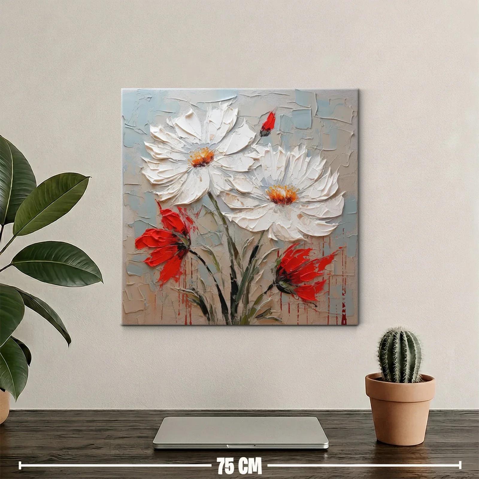 Cuadro floral en relieve con margaritas blancas y acentos rojos — miniatura 2