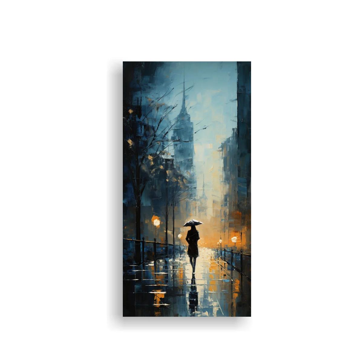 Cuadro peatón bajo la lluvia con reflejos ámbar y azul