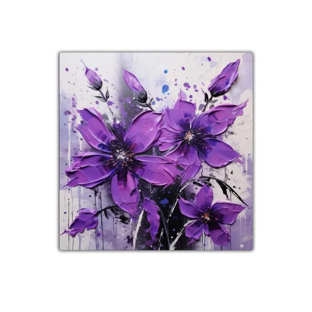 Cuadro floral vibrante con pétalos en tonos morados intensos