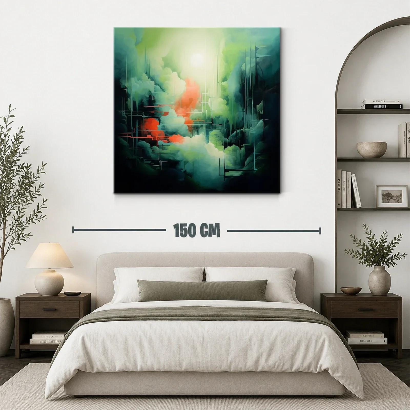 Cuadro abstracto con tonos verdes y toques cálidos vibrantes — miniatura 3