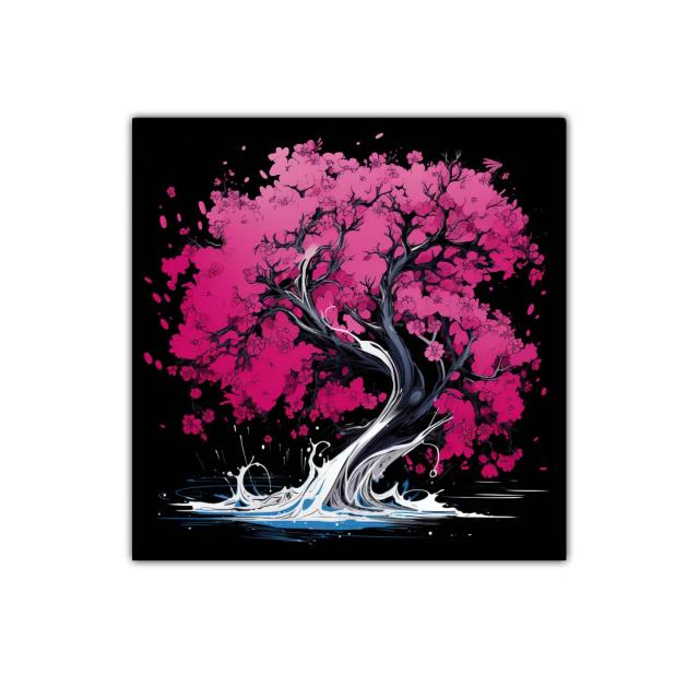 Árbol de flores rosas con base de agua dinámica y oscura