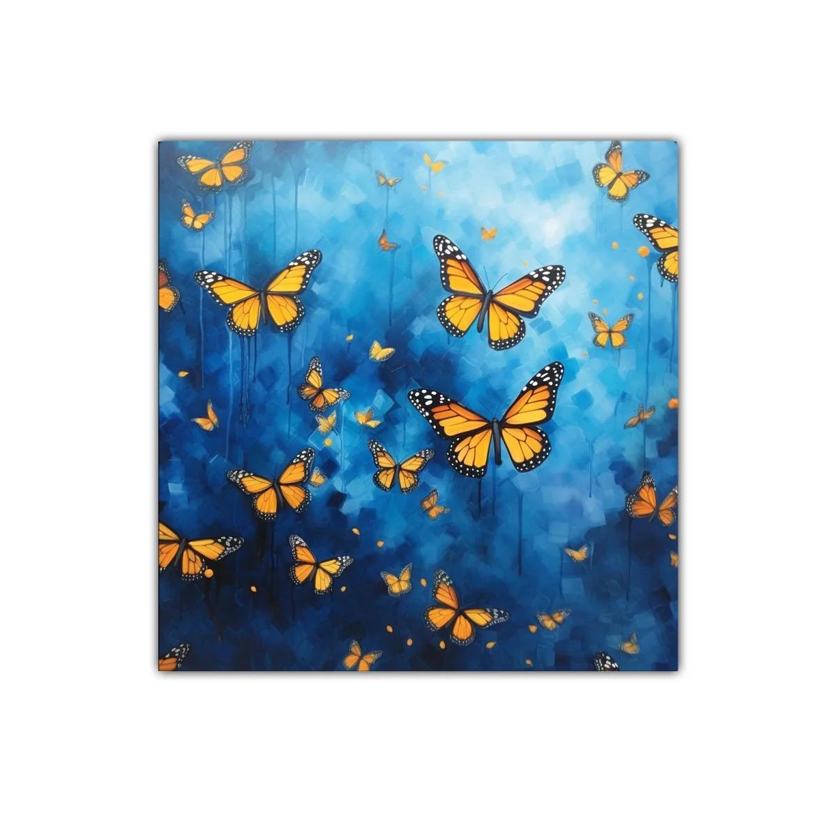 Cuadro decorativo de mariposas vibrantes en fondo azul