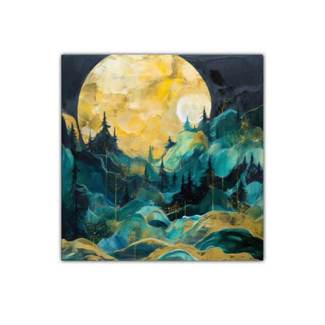Paisaje Nocturno con Luna y Bosque en Tonos Dorados y Verdes