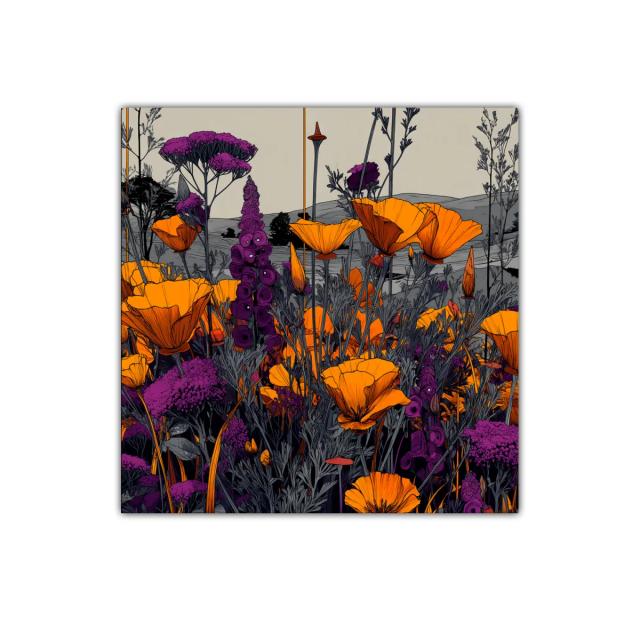 Cuadro decorativo con flores vibrantes en tonos naranjas y lilas