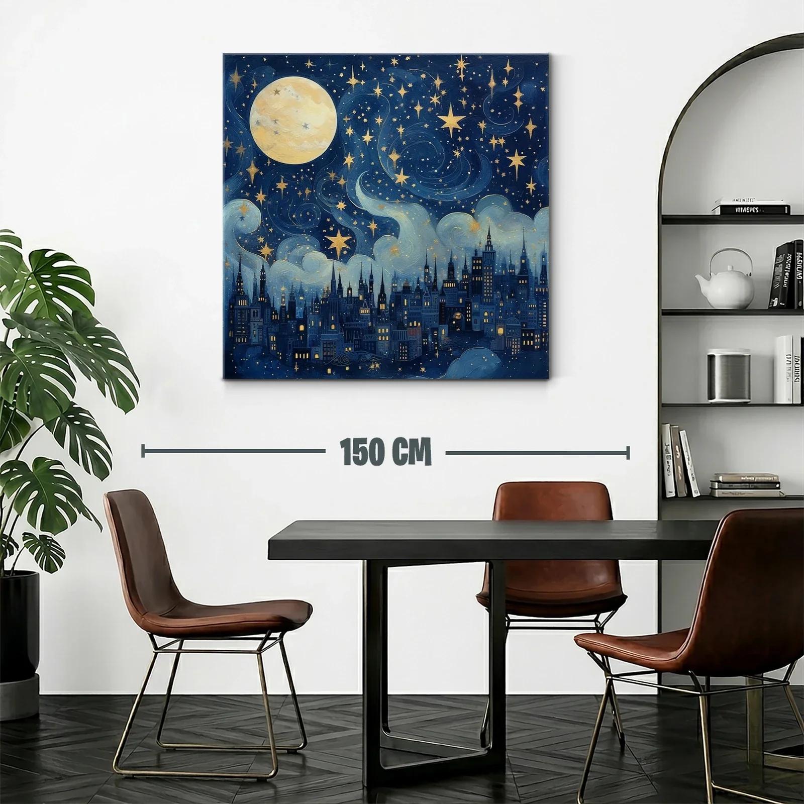 Ciudad nocturna bajo un cielo estrellado con luna llena — miniatura 2