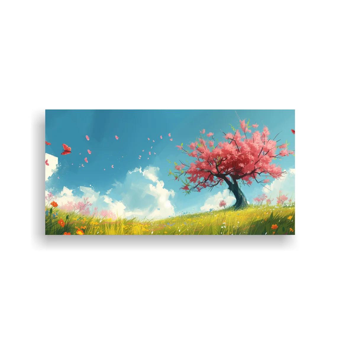 Cuadro árbol en flor rosa sobre colina
