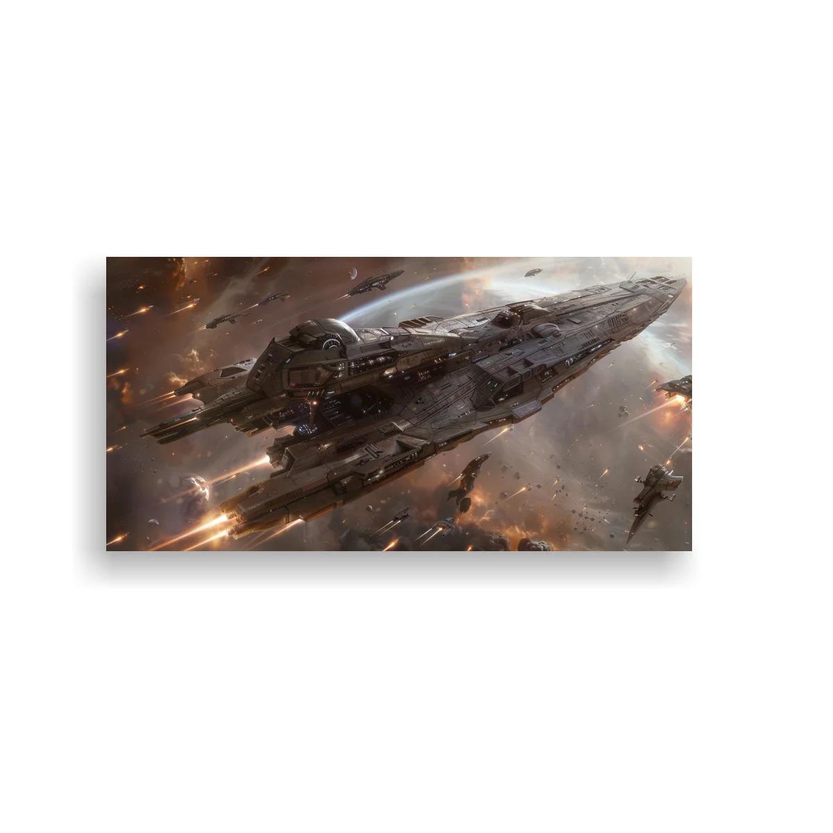 Cuadro nave espacial de combate con flota en acción