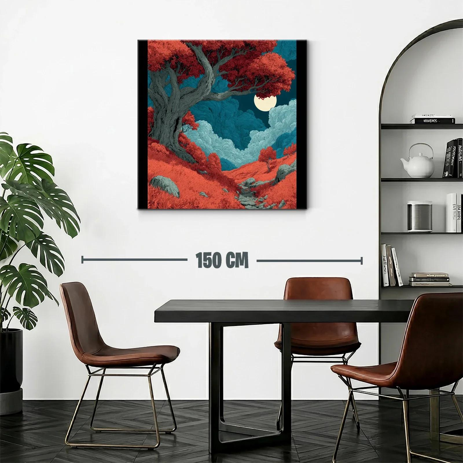 Paisaje mágico con árbol rojo y luna llena brillante — miniatura 2