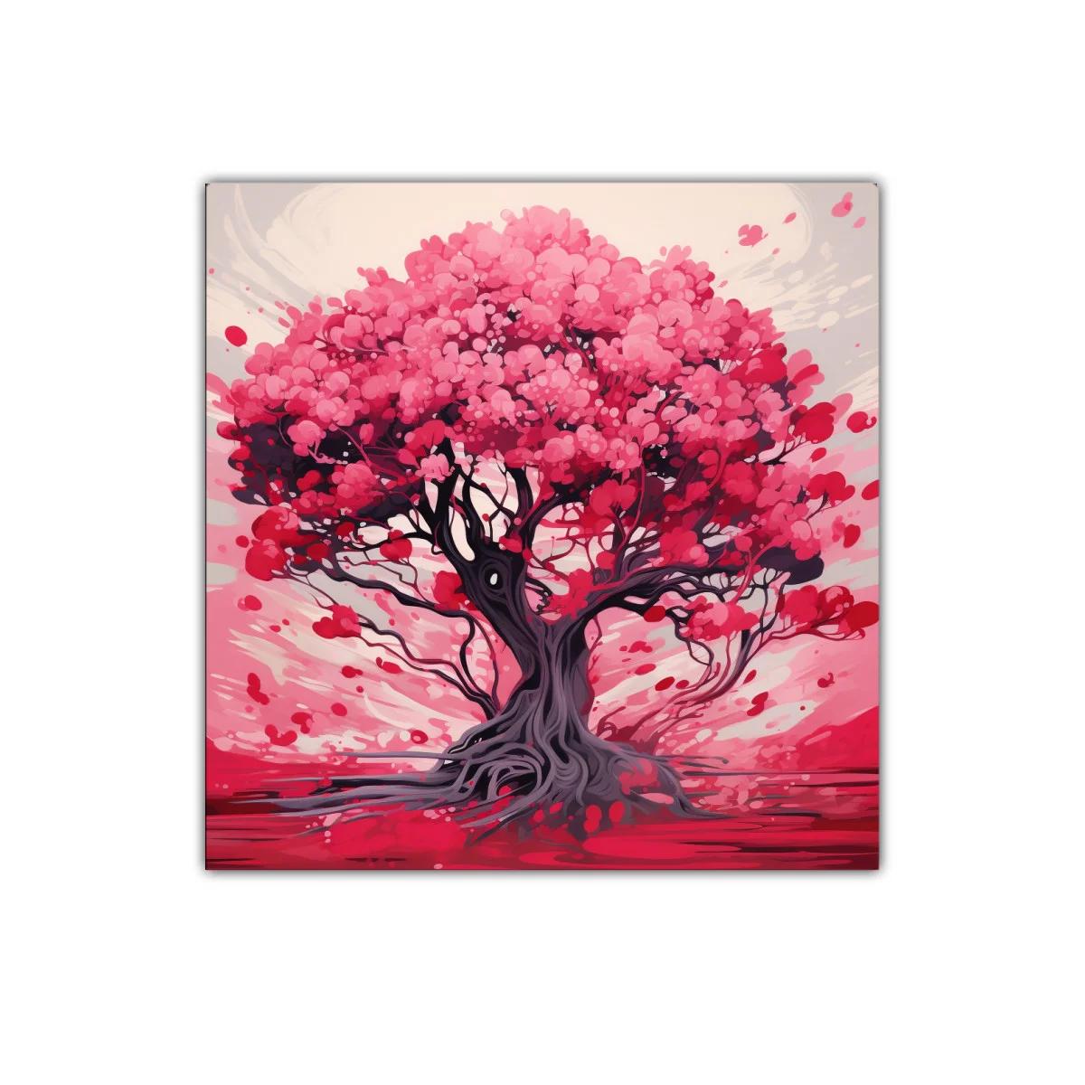 Árbol vibrante con tonos rosas y rojos intensos
