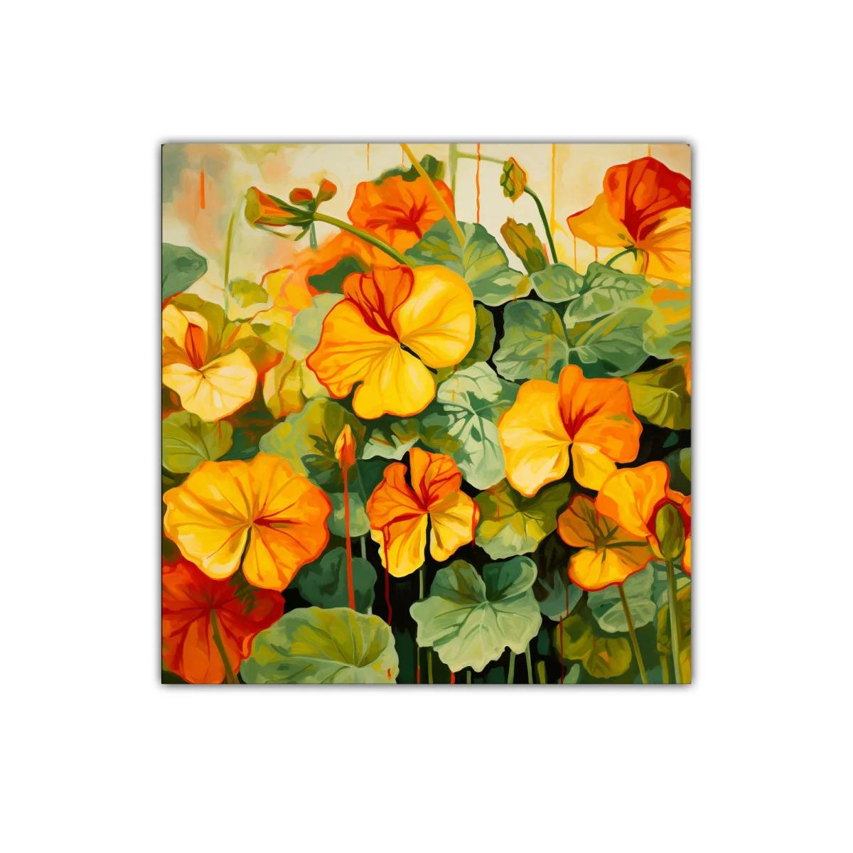 Cuadro vibrante con flores en tonos cálidos y hojas verdes — imagen principal