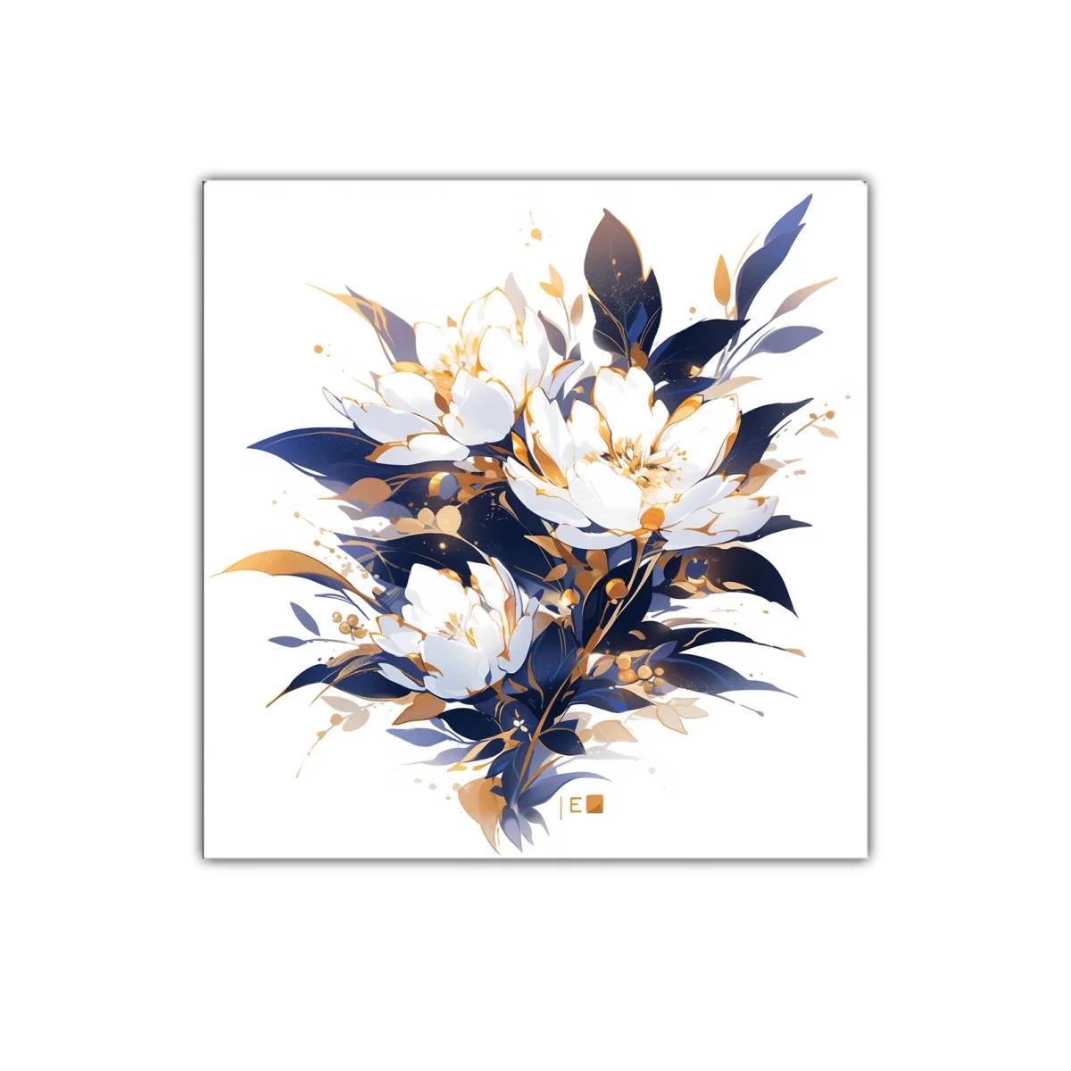 Ramo elegante de flores blancas con hojas azules y doradas