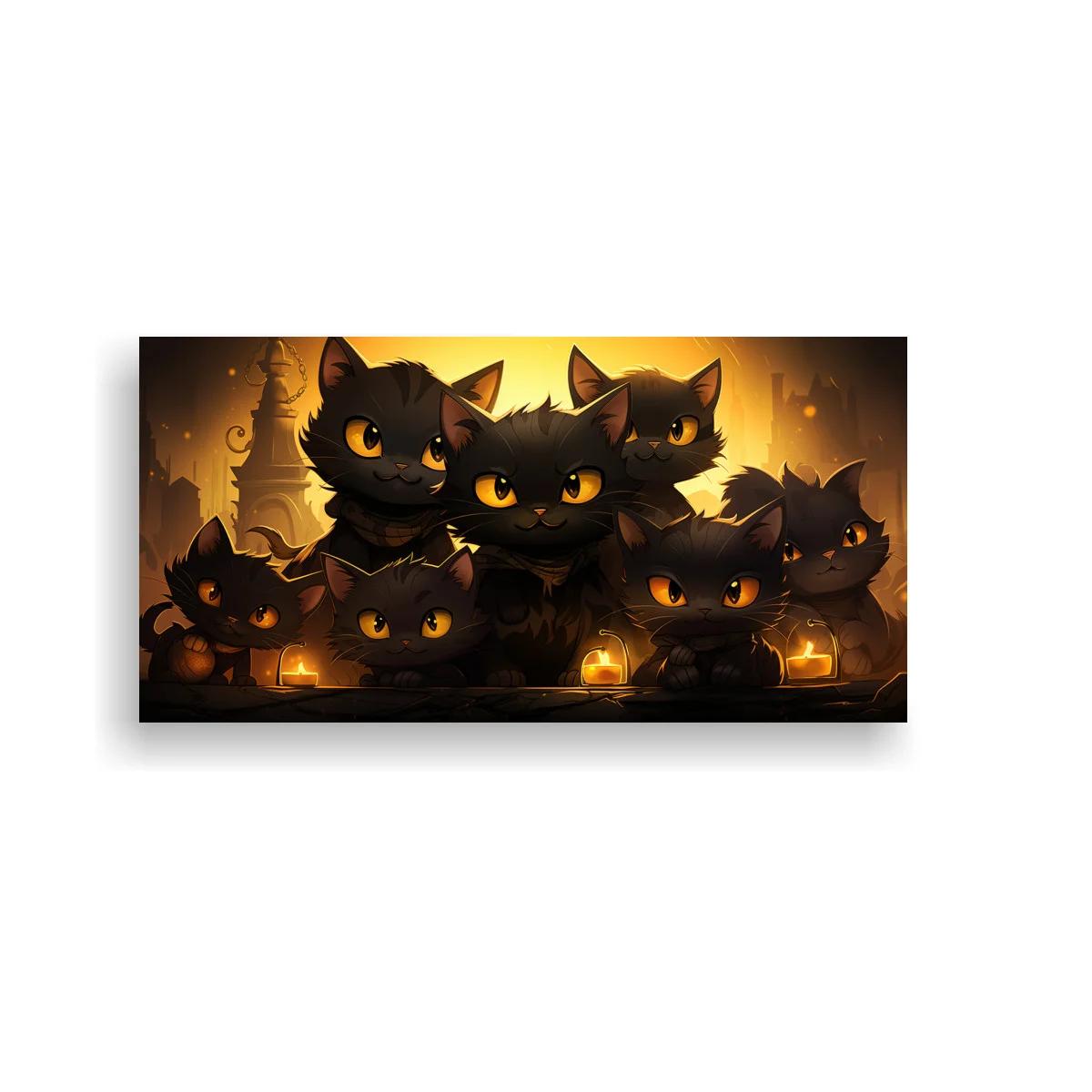 Cuadro grupo de gatos negros con faroles nocturnos