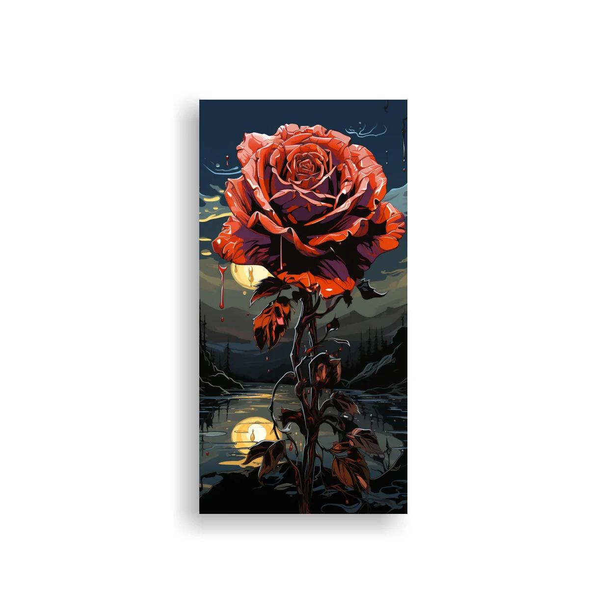 Cuadro rosa roja con luna y colinas