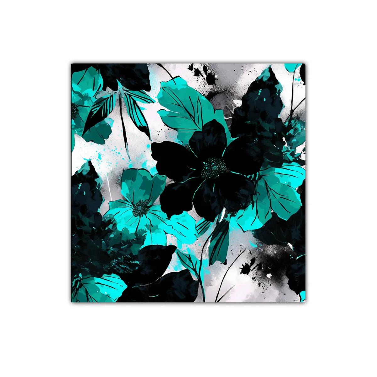 Cuadro decorativo floral en tonos turquesa y negro vibrante