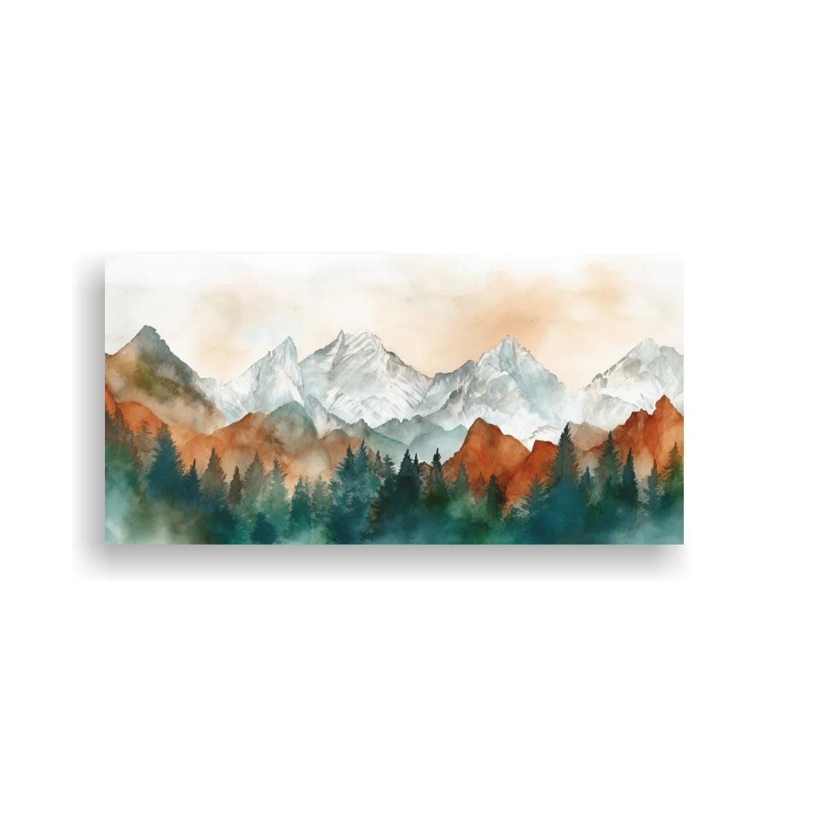 Cuadro cordillera de montañas nevadas con bosque oscuro y bruma