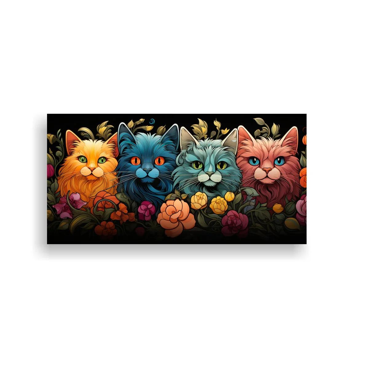 Cuadro cuatro gatos de colores entre flores