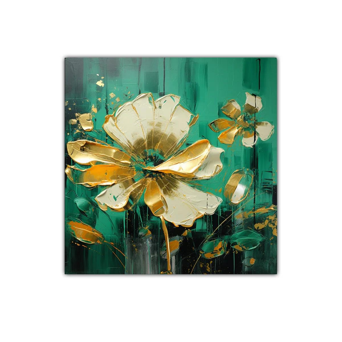 Cuadro decorativo con flores en tonos dorados y verdes