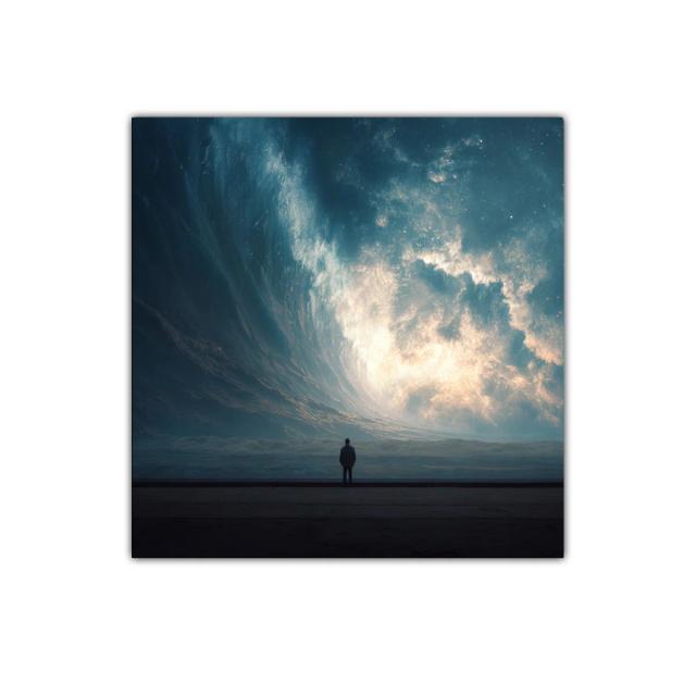 Impactante cuadro de hombre frente a ola luminosa y cósmica