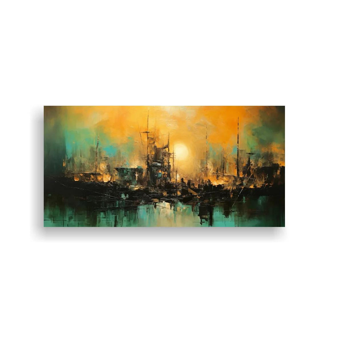 Cuadro skyline urbano con puerto reflejado en el agua