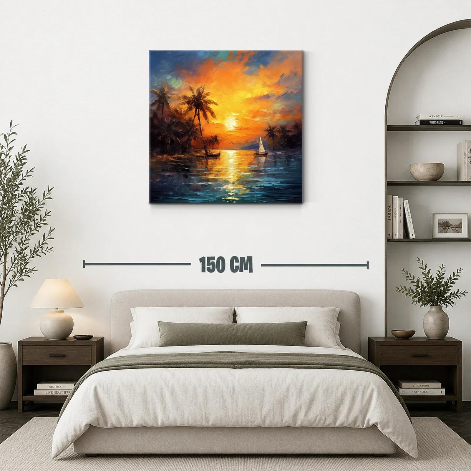 Atardecer tropical con palmeras y barco de vela sobre el mar — miniatura 3