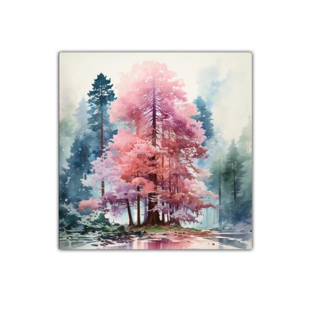 Árbol de tonos rosas y lilas en bosque nebuloso