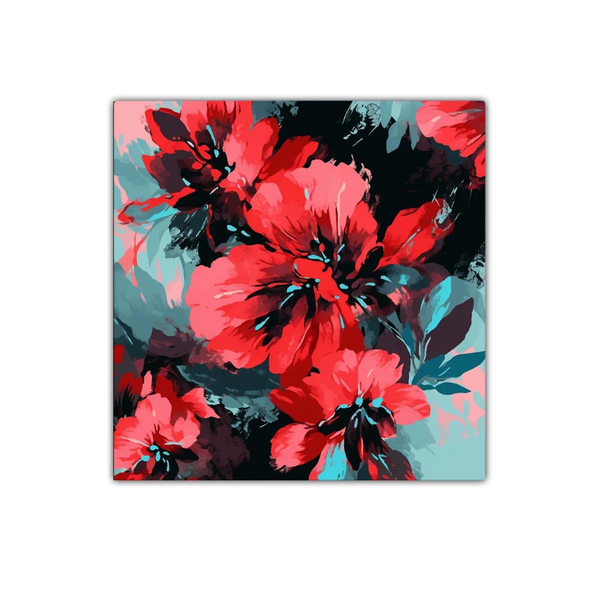 Cuadro decorativo con vibrantes flores rojas y tonos azulados
