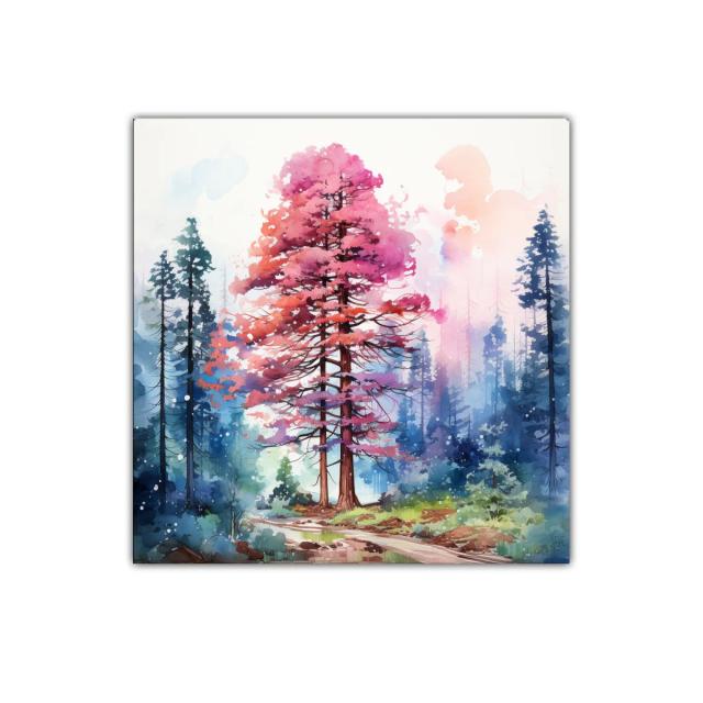 Bosque onírico con árboles en tonos rosas y azules