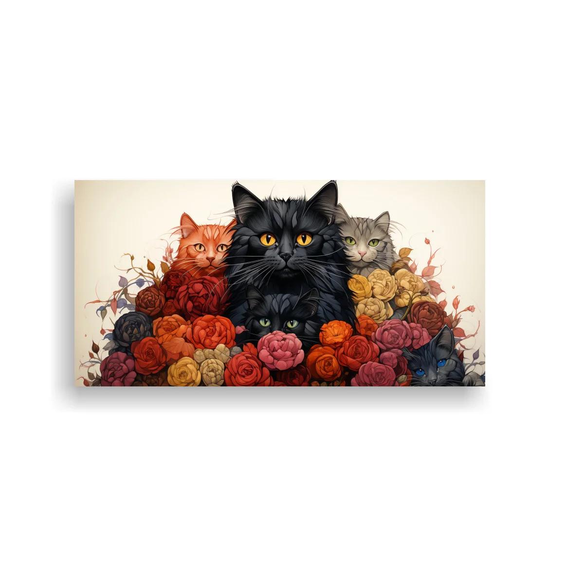 Cuadro gato negro de pelo largo entre flores