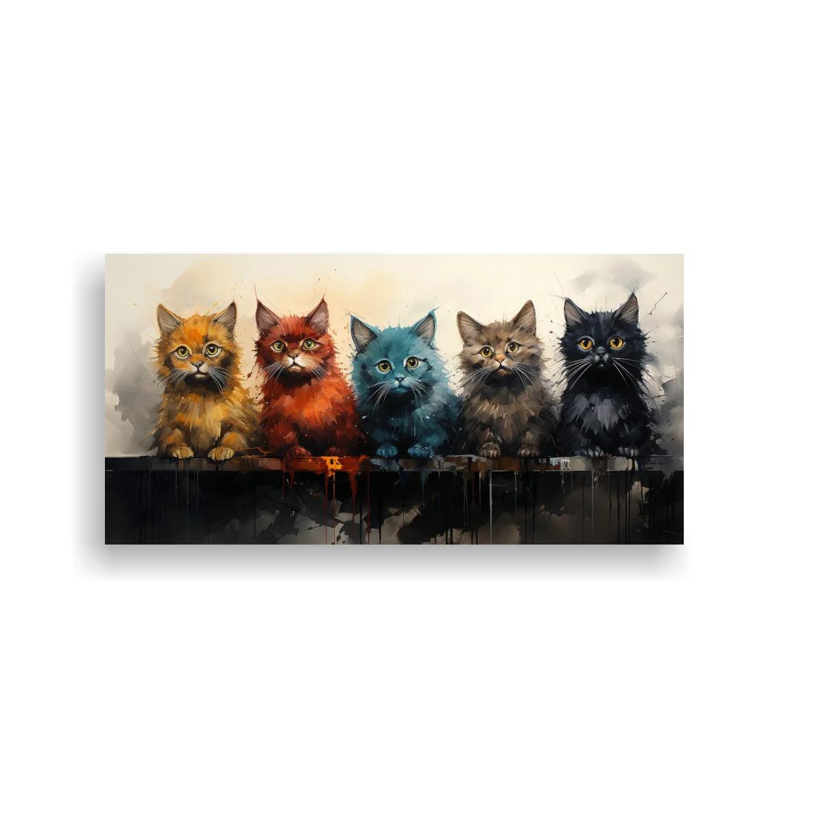 Cuadro cinco gatos de colores con salpicaduras de pintura