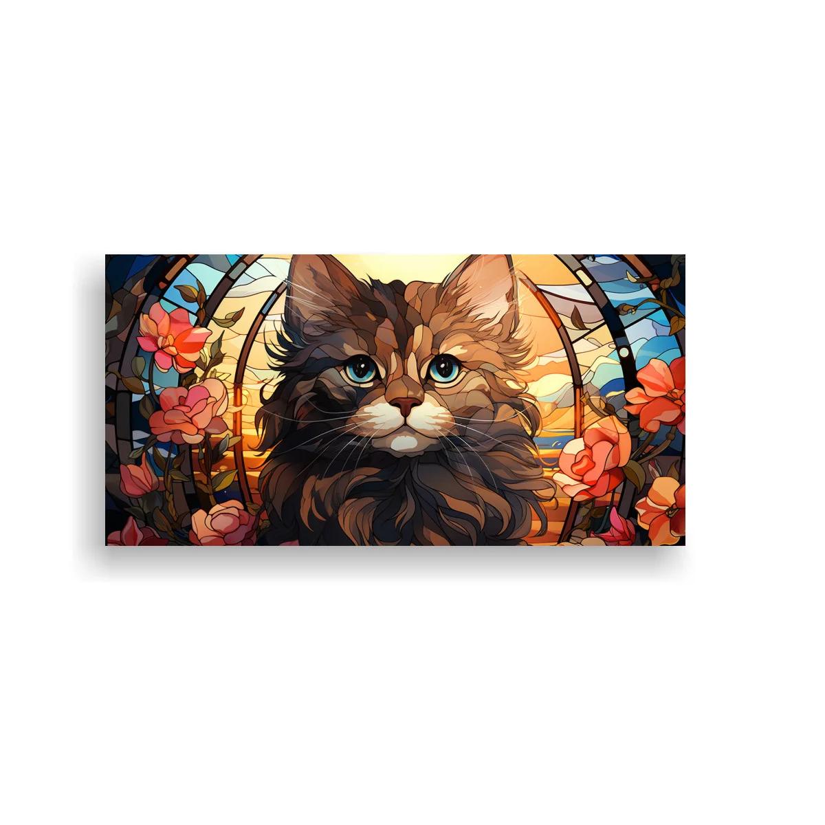 Cuadro gato de pelo largo con flores y fondo tipo vidriera